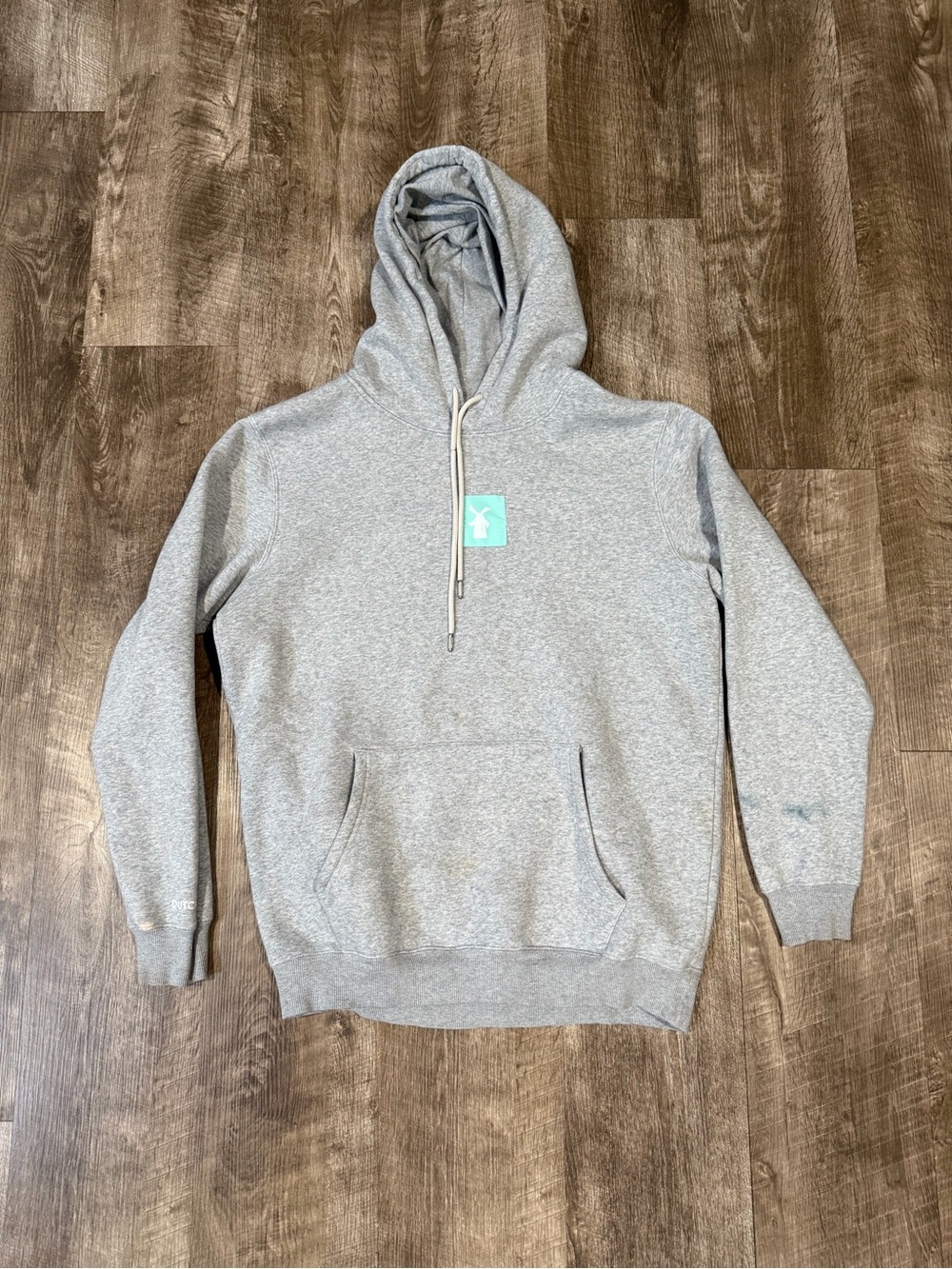 Dutch Bros unisex heather gray hoodie sweatshirt mint green logo size large.